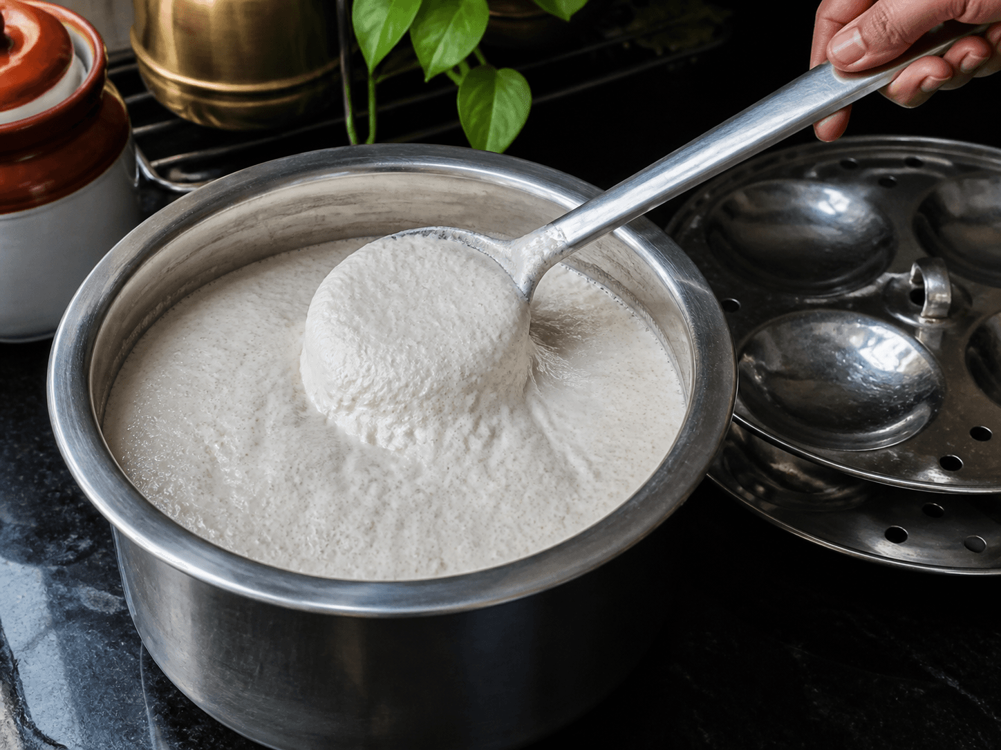 Fermented Mallige idli batter risen with small bubbles