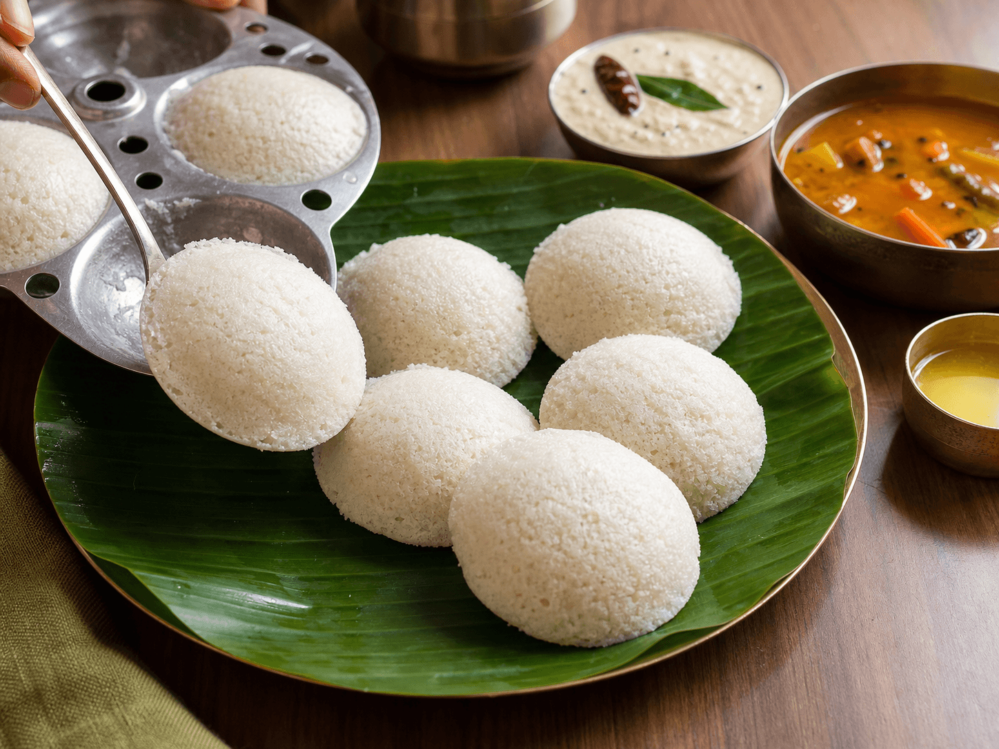 Fresh steamed Mallige idlis being served with chutney and sambar